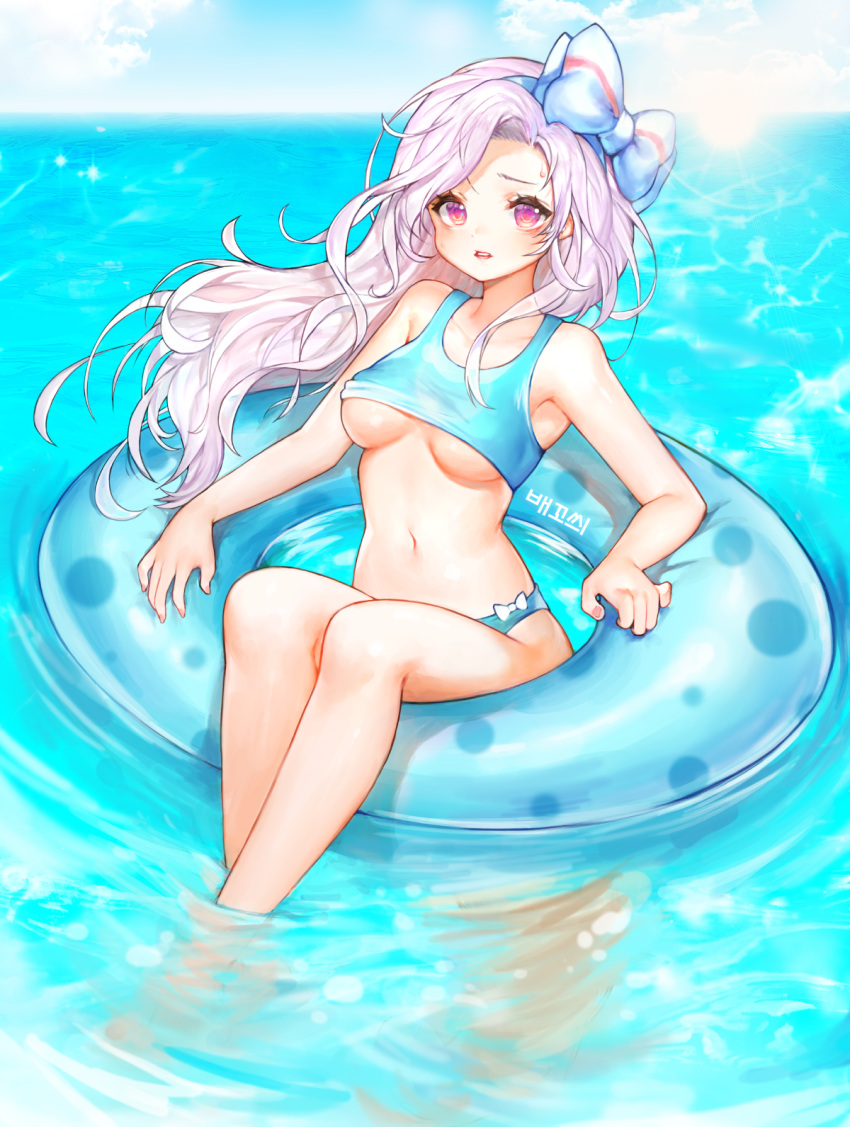 1girl, annyeongbangawo, bangs, bare_arms, bare_legs, bare_shoulders, bikini, blue_bikini, blue_bow, blue_sky, blush, bow, breasts, clouds, commentary_request, day, floating_hair, hair_bow, highres, horizon, innertube, korean_commentary, loveoen12, maplestory, medium_breasts, ocean, outdoors, parted_bangs, parted_lips, pink_hair, red_eyes, signature, sky, solo, striped, striped_bow, sun, sweat, swimsuit, tankini, under_boob, water