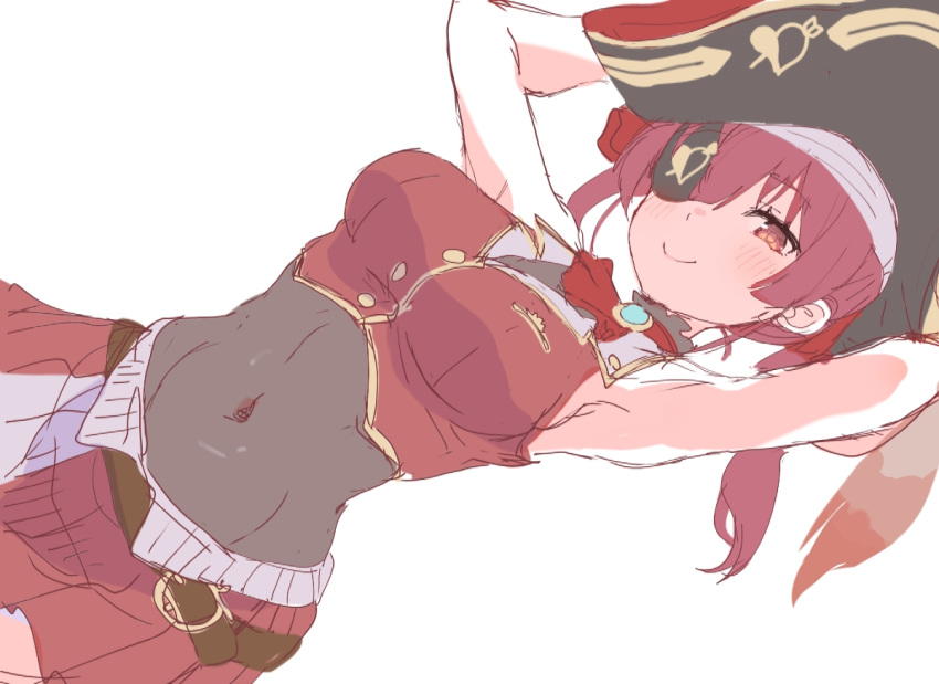 1girl, armpits, arms_up, arrow_through_heart, ascot, bangs, bare_arms, bare_shoulders