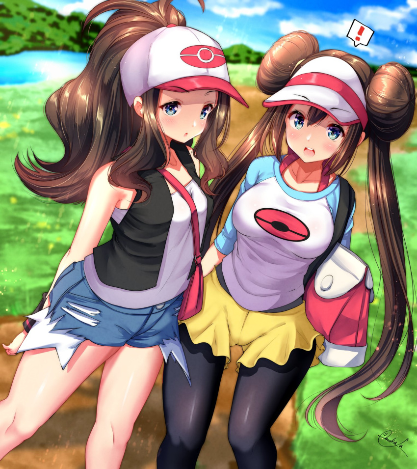 !, 2girls, :o, arm_behind_back, bag, bare_shoulders, baseball_cap, black_legwear