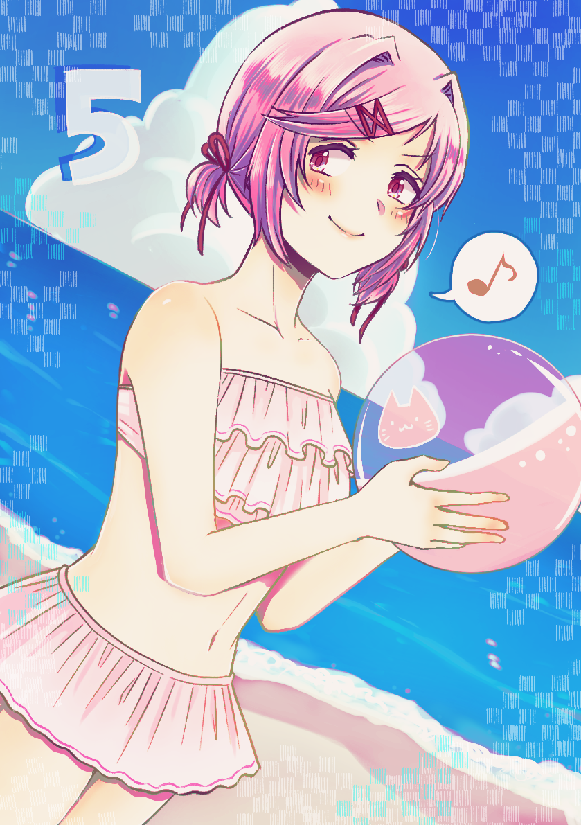 1girl, alternate_hairstyle, ball, bangs, bare_arms, bare_shoulders, beachball, bikini