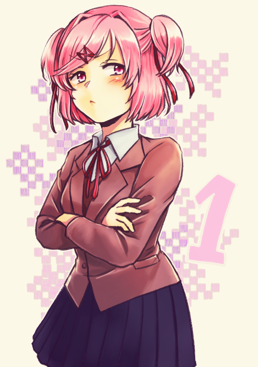 1girl, :<, bangs, blue_skirt, blush, brown_jacket, cappuccino1, commentary_request