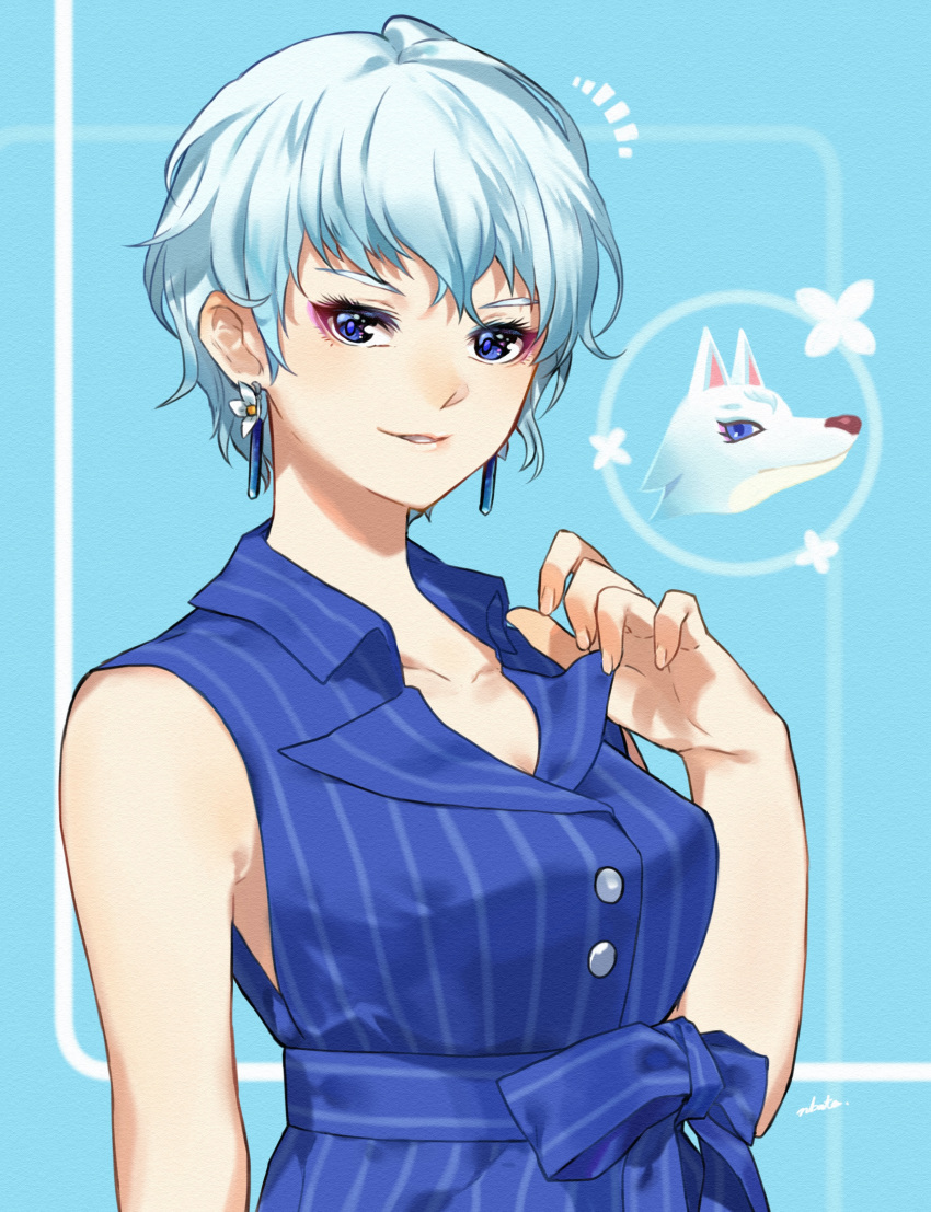 1girl, absurdres, artist_name, bianca_(doubutsu_no_mori), blue_background, blue_dress, blue_eyes, bow, buttons, doubutsu_no_mori, dress, dual_persona, earrings, eyelashes, eyeshadow, fingernails, flower, flower_earrings, hand_up, highres, jewelry, makeup, nbata555, parted_lips, personification, pink_eyeshadow, sash, short_hair, sleeveless, sleeveless_dress, smile, striped, striped_bow, vertical-striped_dress, vertical_stripes, very_short_hair, white_flower, white_hair, wolf