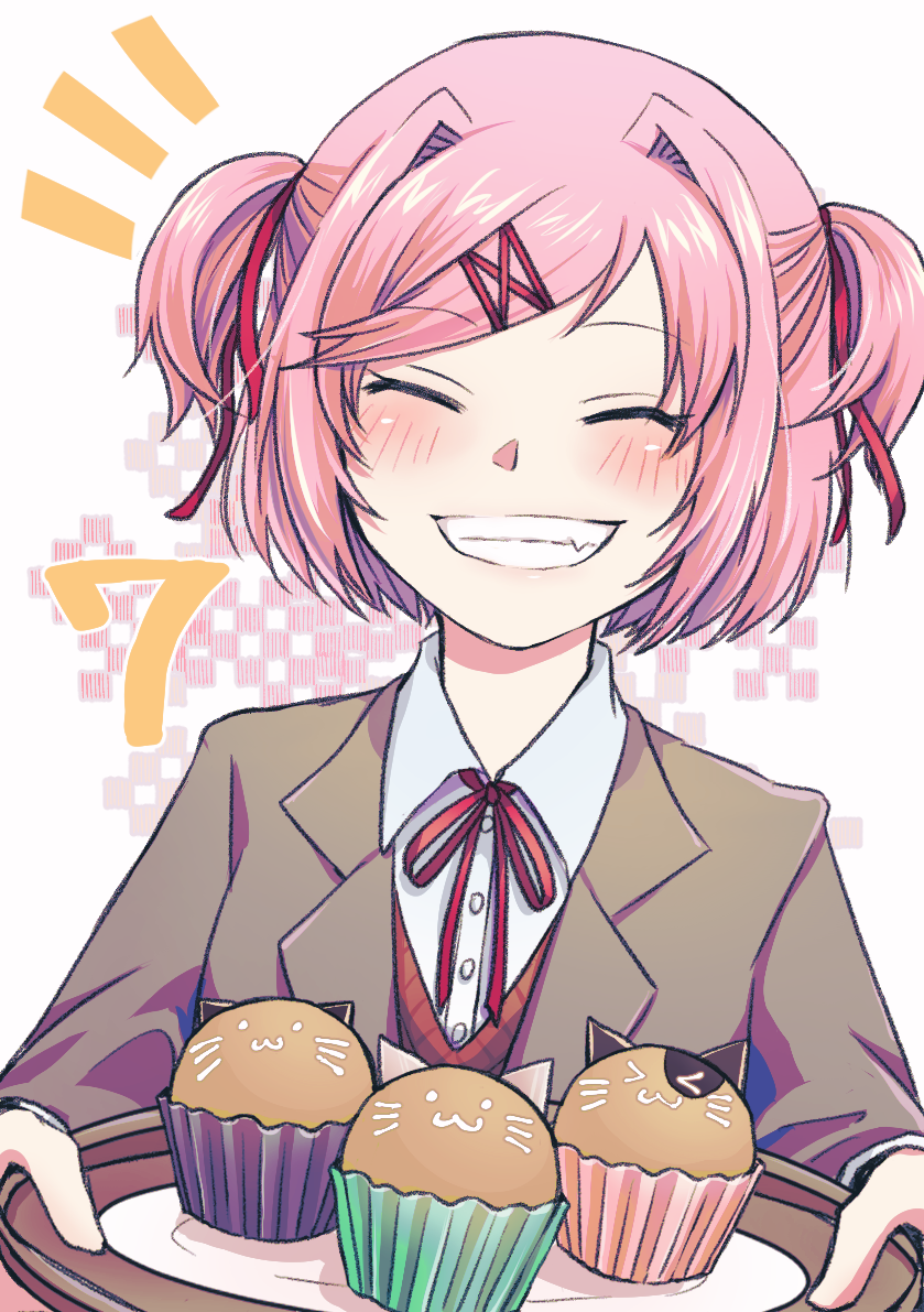 1girl, :3, :d, ^_^, bangs, blush, cappuccino1, closed_eyes, cupcake, doki_doki_literature_club, eyebrows_visible_through_hair, facing_viewer, fang, food, grey_jacket, grin, hair_ornament, hair_ribbon, hairclip, jacket, long_sleeves, natsuki_(doki_doki_literature_club), open_mouth, pink_hair, red_ribbon, ribbon, school_uniform, shirt, short_hair, simple_background, smile, solo, swept_bangs, tray, two_side_up, white_shirt, wing_collar