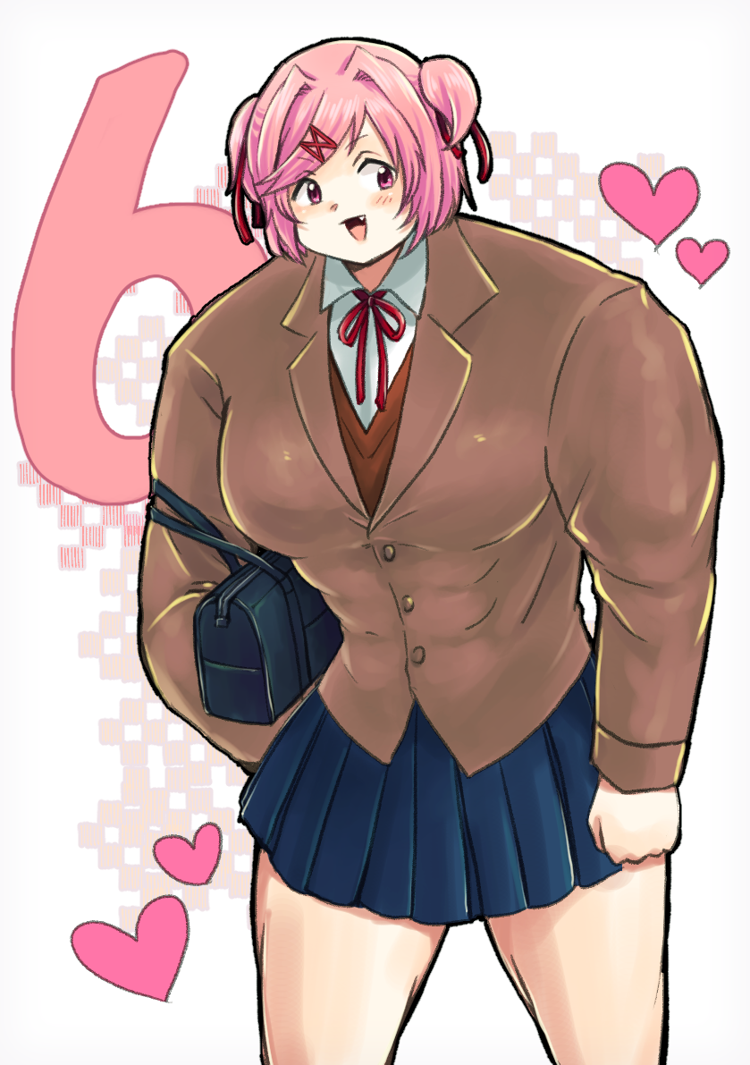 1girl, :d, bag, bangs, blue_skirt, brown_jacket, buffsuki, cappuccino1