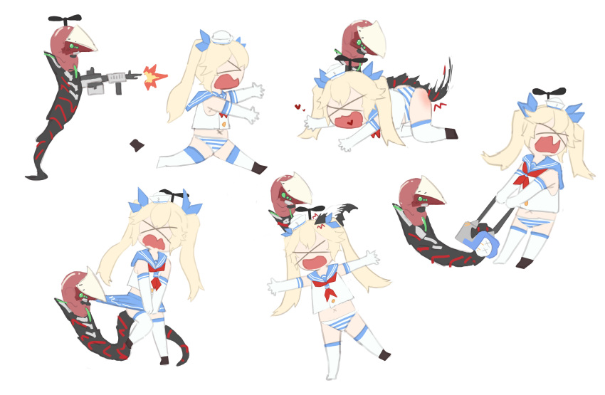 1girl, 1other, absurdres, blonde_hair, blue_sailor_collar, bullying, chibi, firing