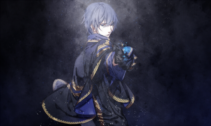 1boy, bangs, black_background, black_gloves, blue_eyes, blue_hair, blue_theme, capelet