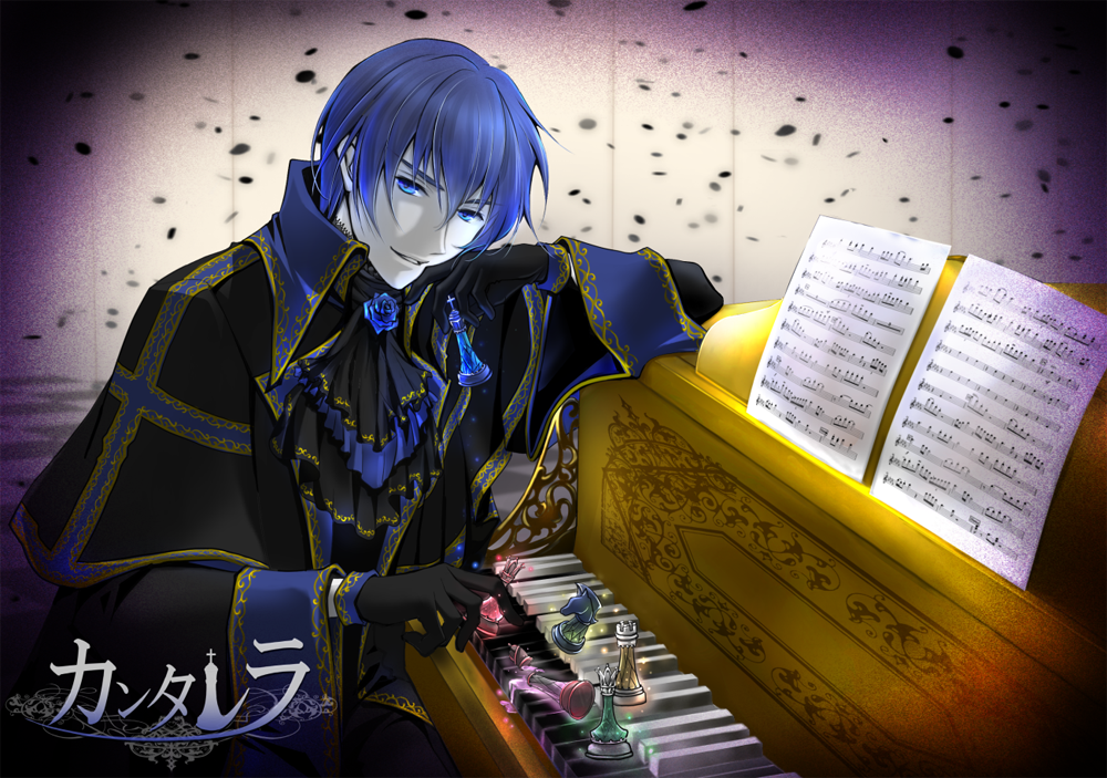 1boy, arm_rest, bangs, bishop_(chess), black_gloves, blue_eyes, blue_flower, blue_hair