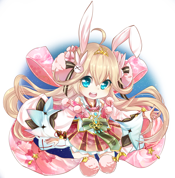 1girl, ahoge, animal_ears, aqua_eyes, bare_shoulders, bell, blonde_hair, bunny_hair_ornament