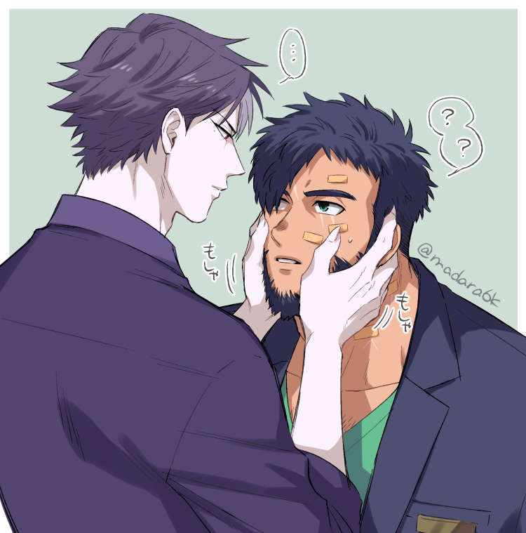 ..., 2boys, ?, bandages, blue_background, blue_hair, blue_jacket, claws