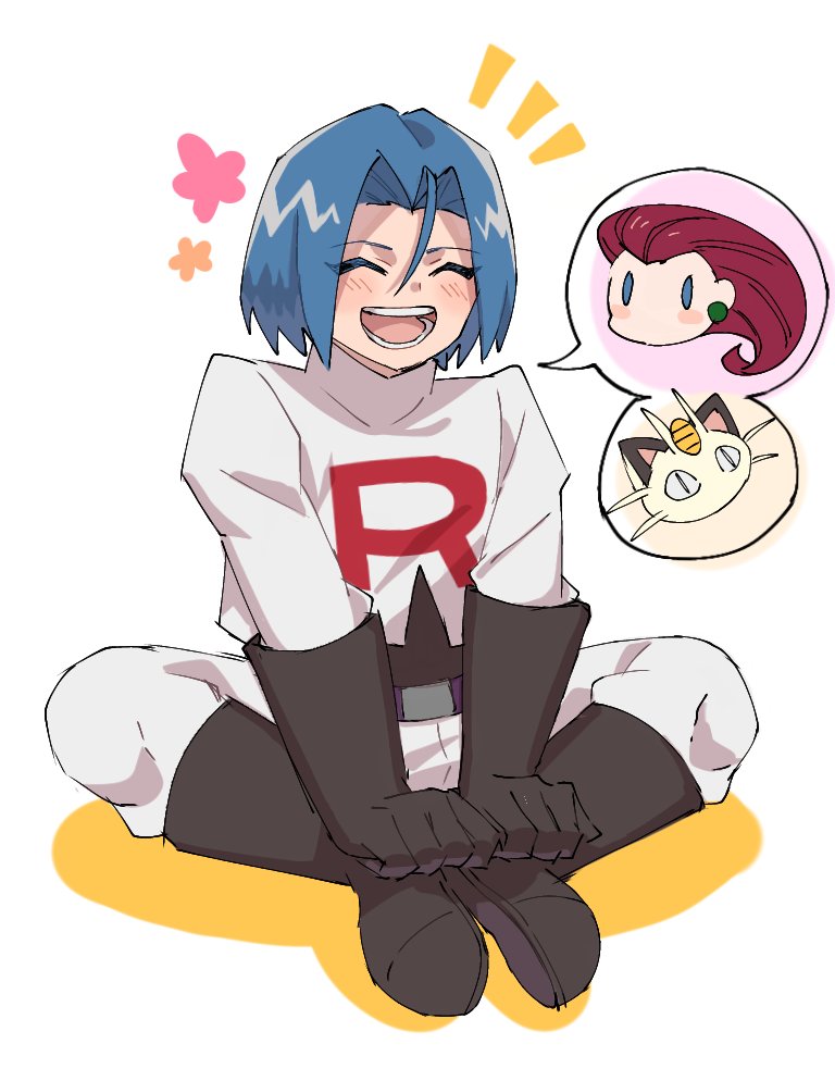 1boy, :d, belt, black_gloves, blue_eyes, blue_hair, blush, boots, closed_eyes, earrings, gen_1_pokemon, gloves, hair_between_eyes, hands_on_feet, jewelry, kojirou_(pokemon), meowth, musashi_(pokemon), open_mouth, pokemon, pokemon_(anime), pomme_azm2, simple_background, sitting, smile, spoken_character, team_rocket, team_rocket_uniform, white_background