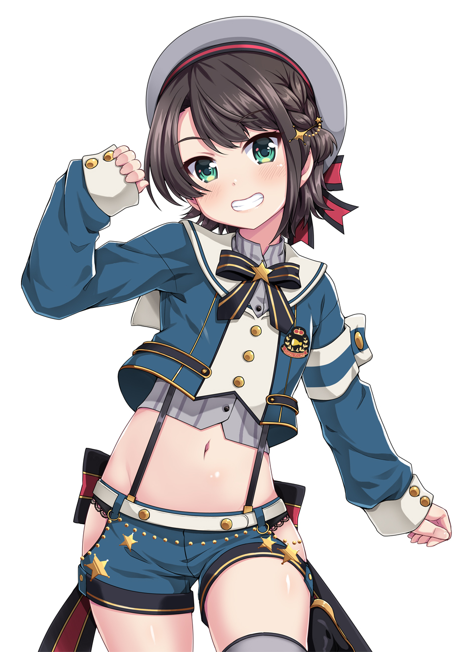 alternate_costume, beret, black_hair, blue_eyes, blush, commentary_request, ekakuishikororo, grin, hat, highres, hololive, looking_at_viewer, midriff, navel, oozora_subaru, ribbon, shorts, simple_background, smile, virtual_youtuber, white_background