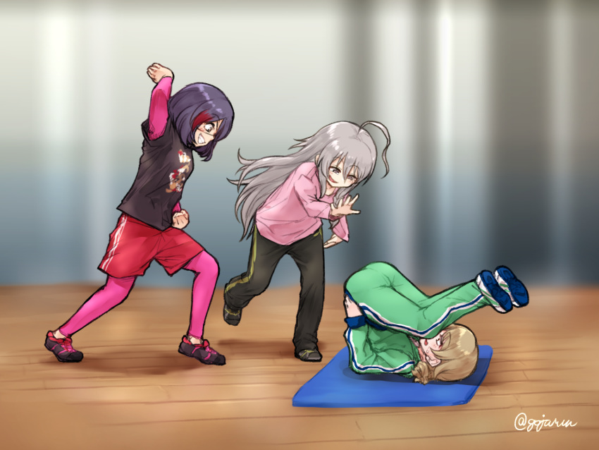 3girls, ahoge, ass, black_hair, blonde_hair, blurry, blurry_background, commentary