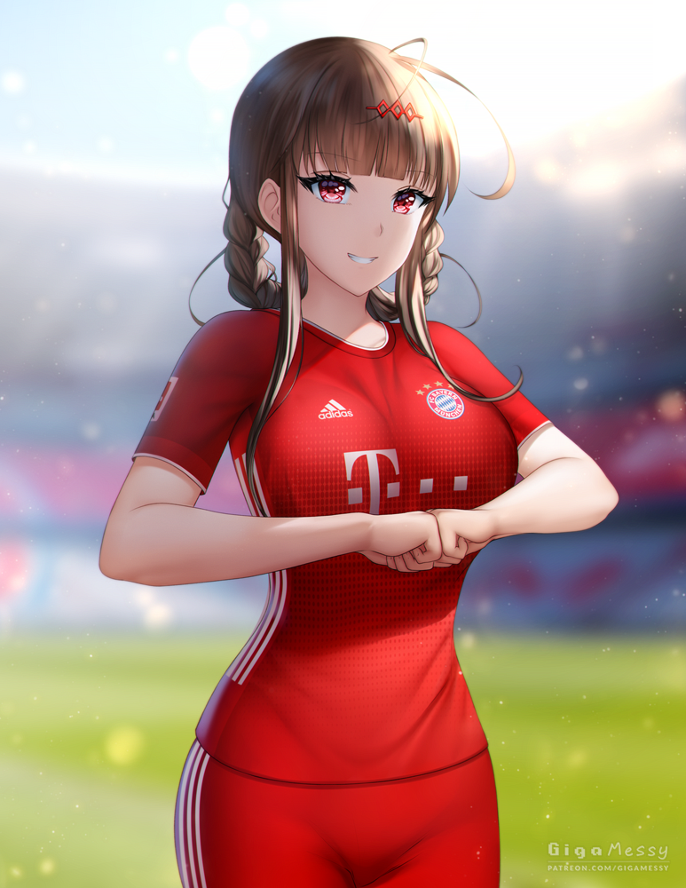 1girl, ahoge, alternate_costume, bangs, blunt_bangs, breasts, brown_hair, commentary, dsr-50_(girls_frontline), english_commentary, eyebrows_visible_through_hair, fc_bayern_munchen, gigamessy, girls_frontline, hair_ornament, large_breasts, long_hair, red_eyes, sidelocks, smile, soccer_uniform, solo, sportswear, very_long_hair