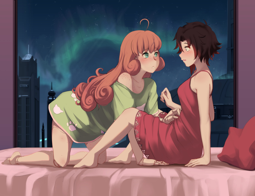 2girls, ahoge, animal_print, bare_arms, bare_shoulders, black_hair, bow, breasts, building, cat_print, collarbone, commentary, curly_hair, doll_joints, dress, eyebrows_visible_through_hair, freckles, from_side, gradient_hair, green_eyes, green_shirt, hair_bow, highres, hiwonoafu, indoors, joints, kneeling, long_hair, looking_at_another, medium_breasts, multicolored_hair, multiple_girls, night, on_bed, orange_hair, parted_lips, paw_print, penny_polendina, pillow, red_dress, redhead, ruby_rose, rwby, shirt, short_hair, sitting, skyscraper, sleeveless, sleeveless_dress, two-tone_hair, yuri