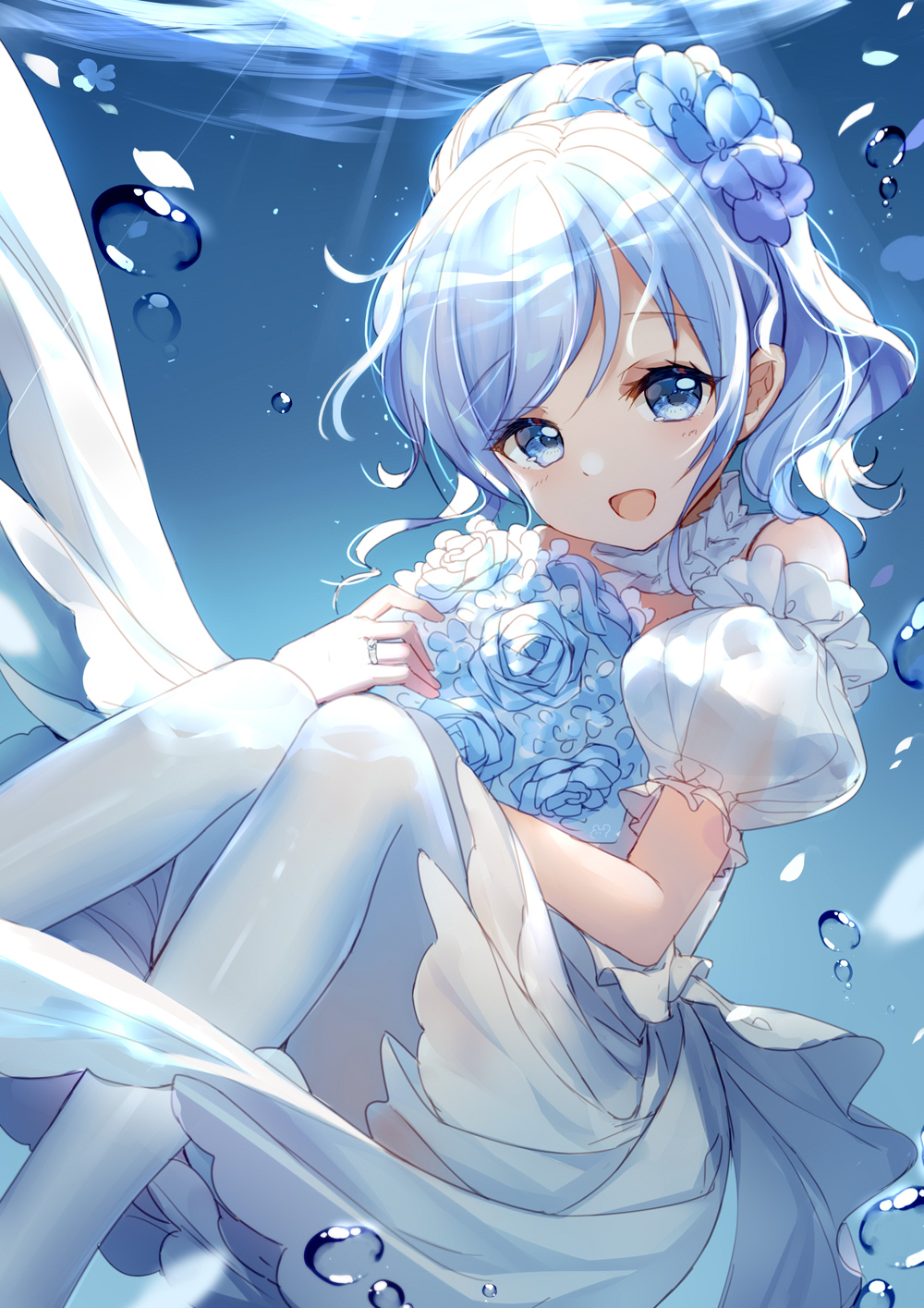 1girl, :d, air_bubble, bare_shoulders, bison_cangshu, blue_eyes, blue_flower, blue_hair