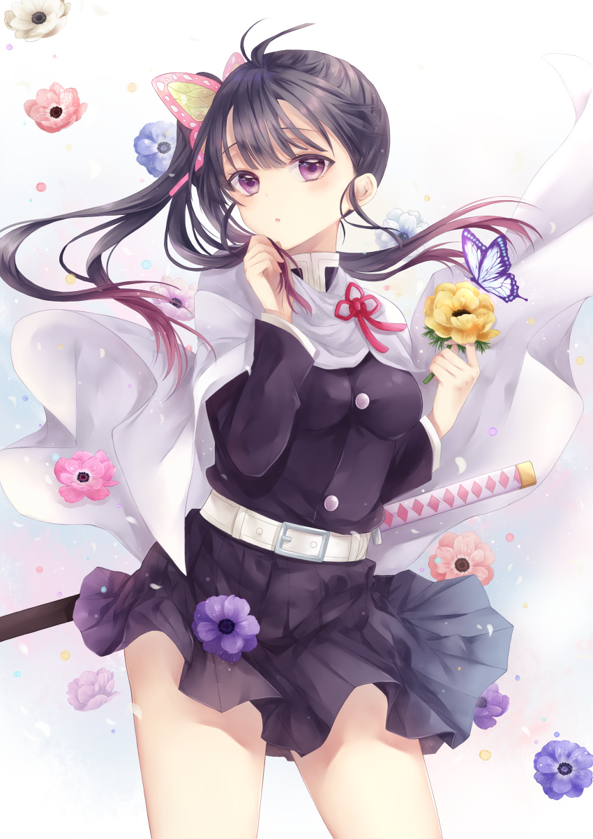 1girl, :o, absurdres, antenna_hair, bangs, belt, belt_buckle, black_hair