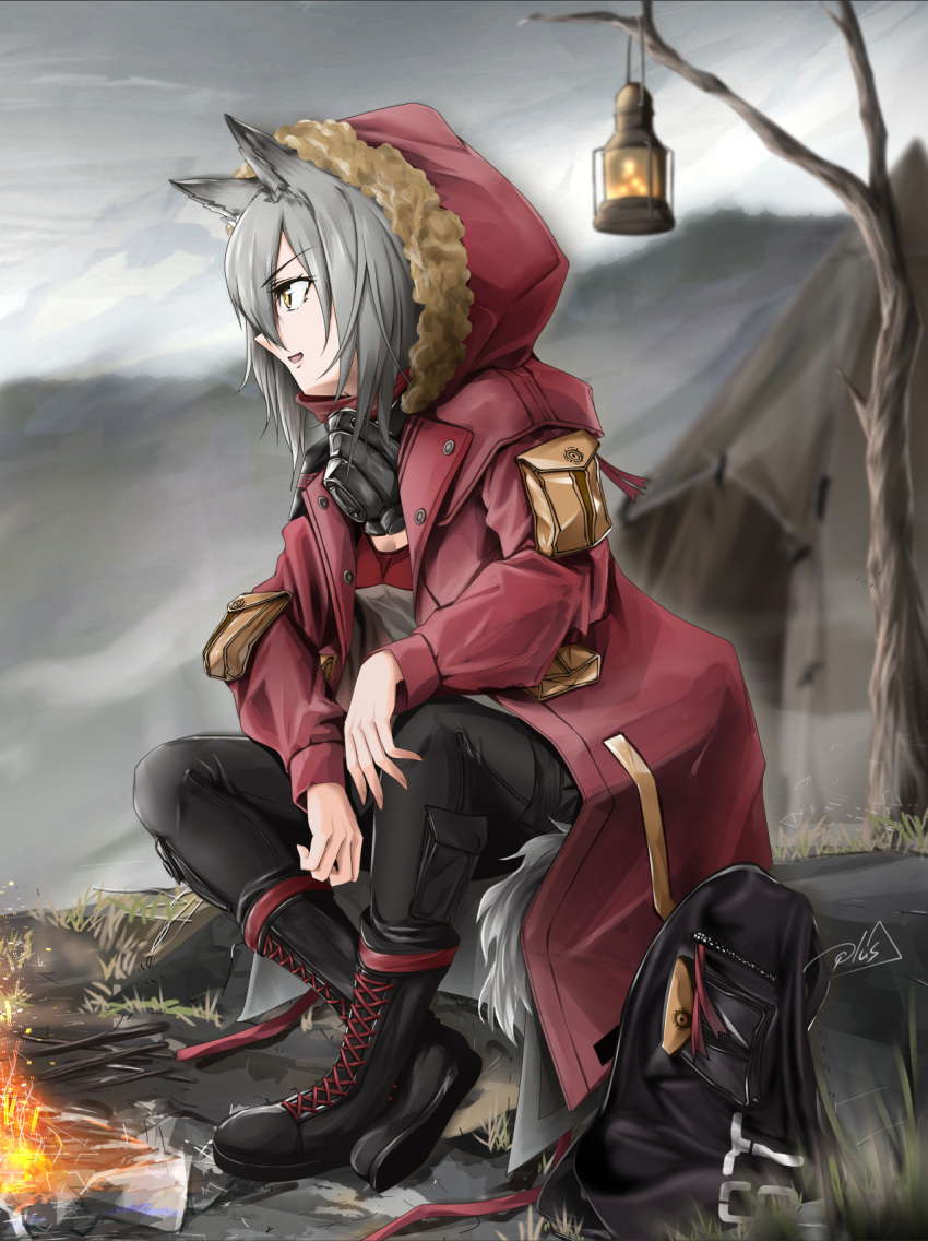 1girl, :d, animal_ears, arknights, bag, bangs, bare_tree, black_footwear
