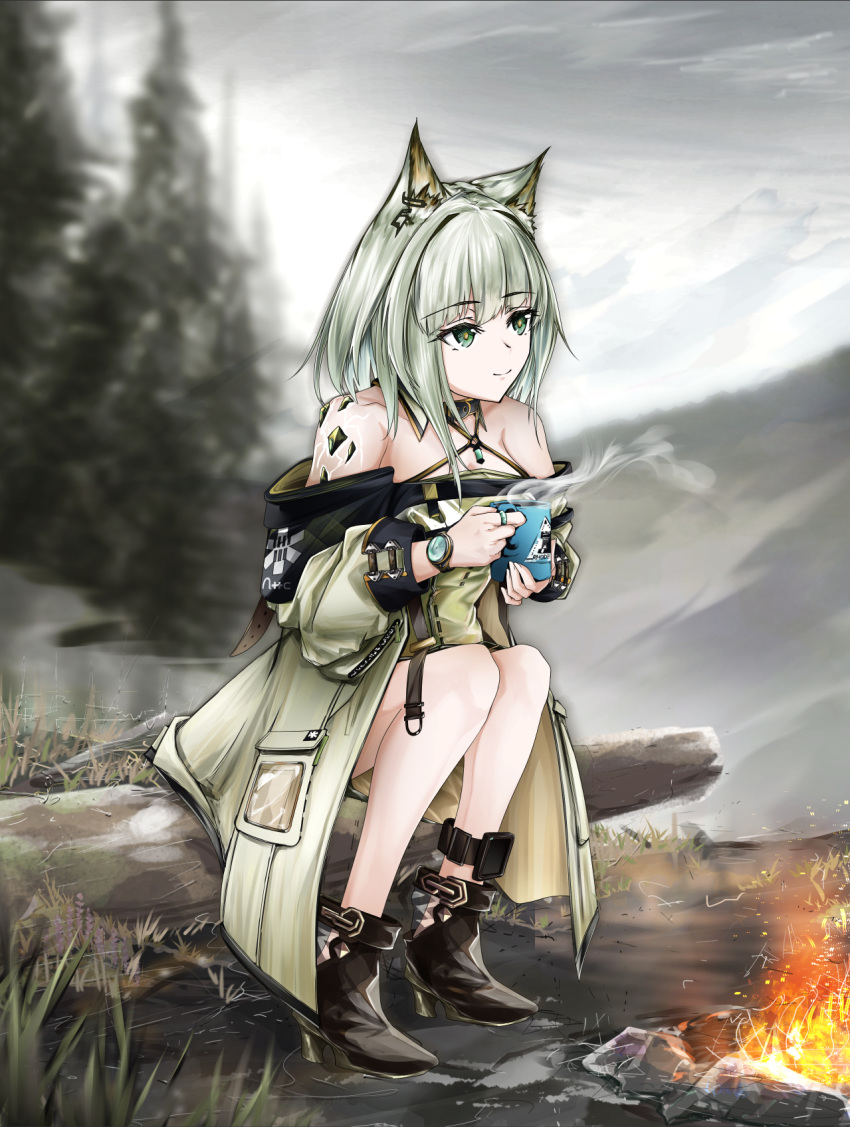 1girl, animal_ear_fluff, animal_ears, arknights, bangs, bare_shoulders, black_choker, black_footwear