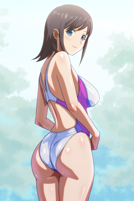 1girl, ass, brown_eyes, commentary_request, competition_swimsuit, cowboy_shot, from_behind, highleg