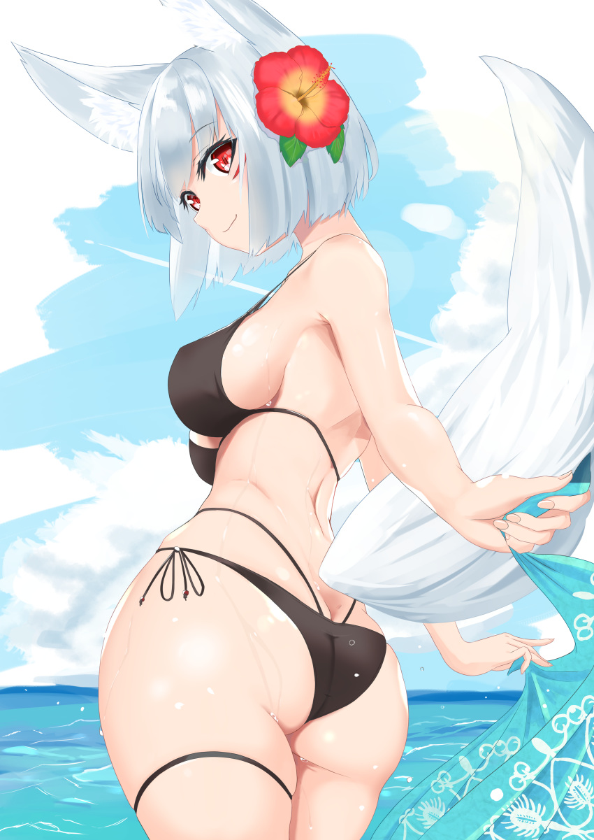1girl, absurdres, animal_ear_fluff, animal_ears, ass, bangs, bikini, black_bikini, breasts, butt_crack, closed_mouth, clouds, commentary_request, condensation_trail, covered_nipples, eyebrows_visible_through_hair, flower, fox_girl, fox_tail, hair_flower, hair_ornament, hibiscus, highres, holding_sarong, looking_at_viewer, looking_to_the_side, ocean, original, red_eyes, sarong, shiny, shiny_skin, sideboob, sky, smile, standing, swimsuit, tail, thigh_strap, water, wet, white_hair, you_san