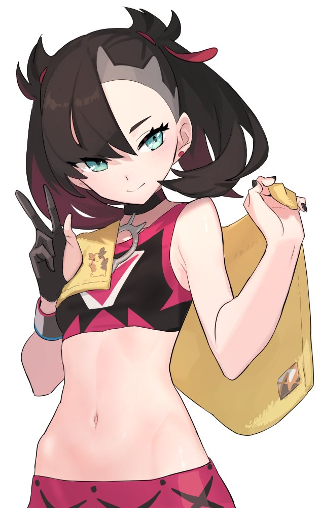 1girl, black_hair, black_nails, blue_eyes, choker, chorefuji, crop_top, earrings, gloves, jewelry, mary_(pokemon), midriff, navel, pokemon, pokemon_(game), pokemon_swsh, single_glove, smile, towel, twintails, white_background