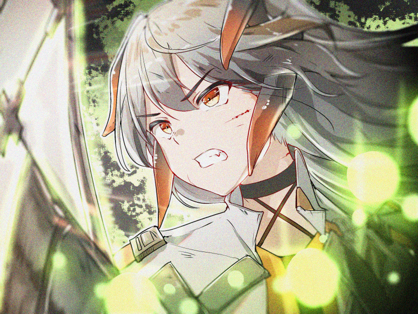 1girl, arknights, bangs, black_choker, choker, clenched_teeth, commentary, criss-cross_halter