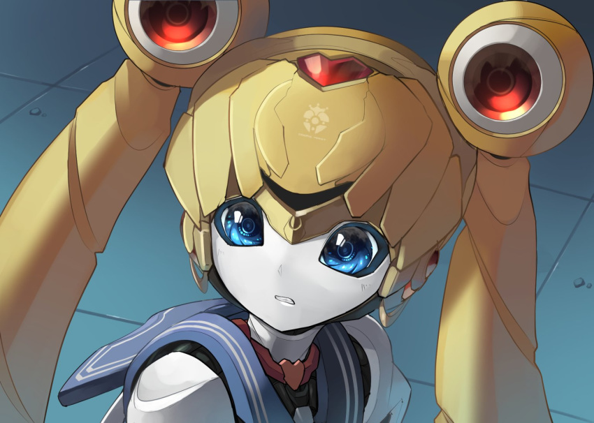 bishoujo_senshi_sailor_moon, blonde_hair, blue_eyes, blue_sailor_collar, clenched_teeth, double_bun, mecha_musume, mechanization