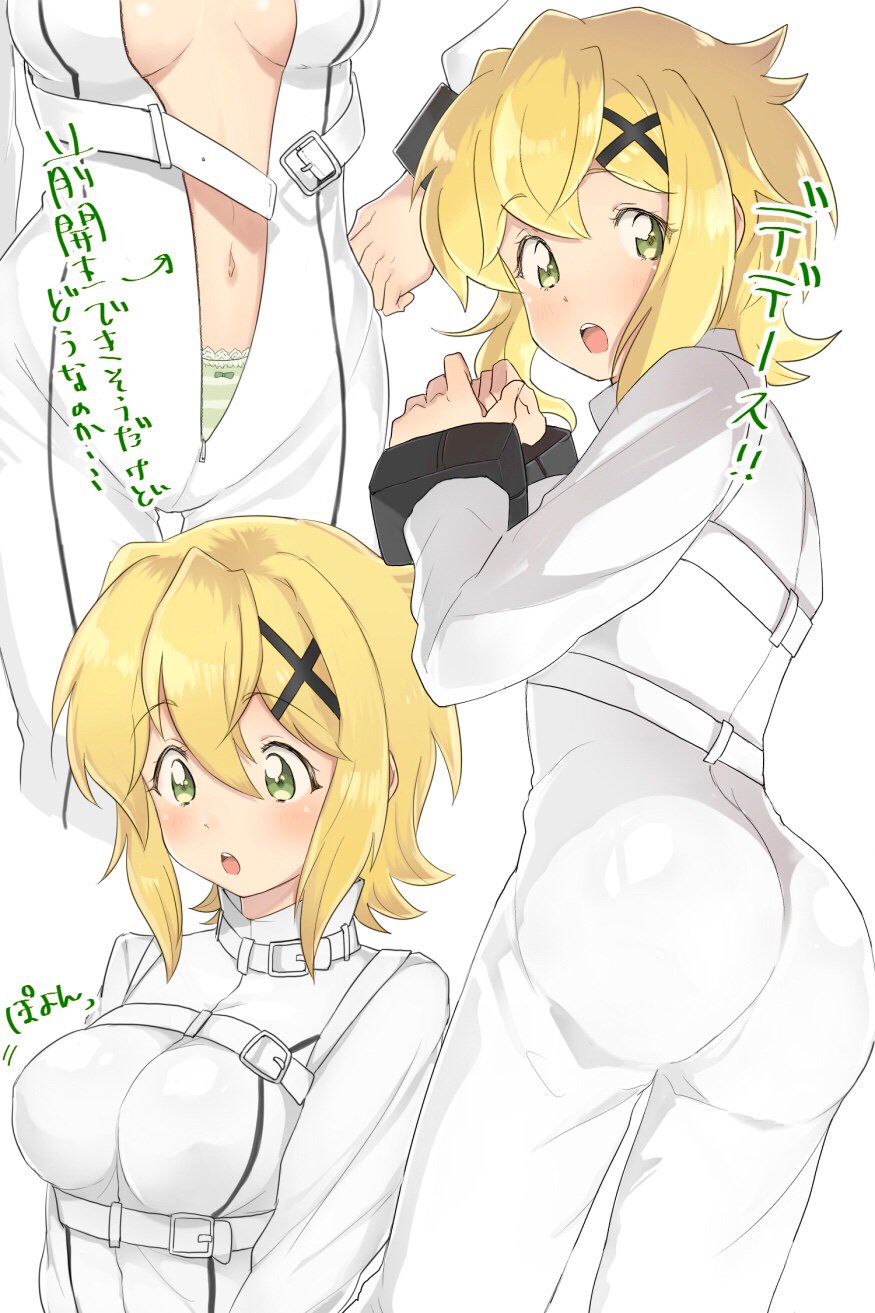 1girl, akatsuki_kirika, bangs, blonde_hair, bow, bow_panties, breasts, breasts_apart, check_translation, commentary, cuffs, eyebrows_visible_through_hair, green_eyes, green_panties, hair_between_eyes, hair_ornament, hairclip, handcuffs, hands_up, highres, long_sleeves, looking_at_breasts, looking_at_viewer, looking_back, looking_down, medium_breasts, medium_hair, multiple_views, navel, open_mouth, panties, panty_peek, runawate56, senki_zesshou_symphogear, simple_background, straitjacket, striped, striped_panties, translation_request, underwear, unzipped, white_background, x_hair_ornament