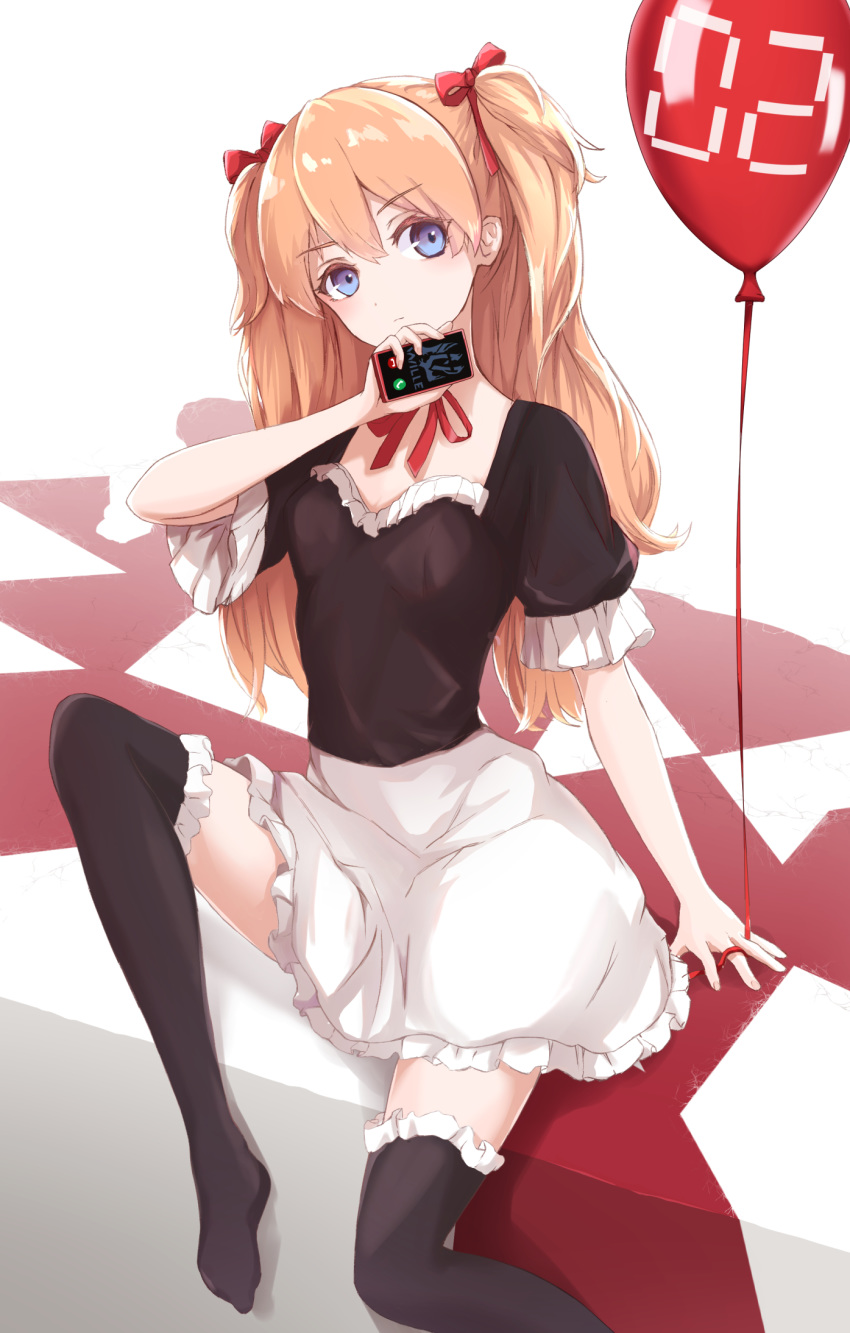 1girl, alternate_costume, apron, balloon, bangs, black_legwear, black_shirt, blue_eyes
