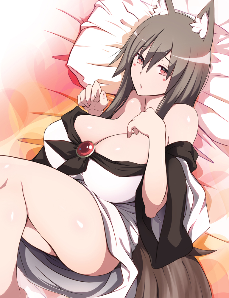 1girl, animal_ear_fluff, animal_ears, bare_shoulders, blush_stickers, breasts, brooch, brown_hair, dress, huge_breasts, imaizumi_kagerou, jewelry, long_hair, lying, off_shoulder, on_bed, otoufu_(wddkq314band), pillow, red_eyes, solo, tail, thighs, touhou, white_dress, wolf_ears, wolf_tail
