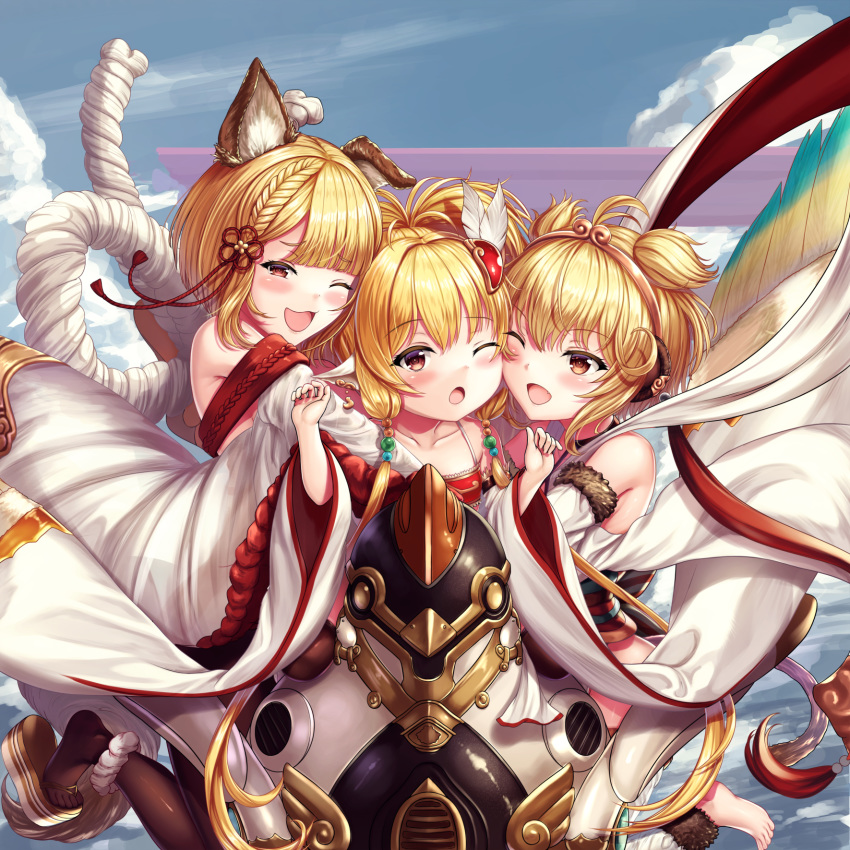 3girls, ;d, ;o, ahoge, andira_(granblue_fantasy), animal_ear_fluff, animal_ears, ankle_scrunchie, bangs, bare_shoulders, barefoot, beads, black_legwear, blonde_hair, blunt_bangs, blush, braid, brown_eyes, chinese_commentary, clouds, collarbone, commentary_request, detached_sleeves, dog_ears, dog_girl, dog_tail, erune, eyebrows_visible_through_hair, fangs, feathers, girl_sandwich, granblue_fantasy, hagoromo, hair_beads, hair_feathers, hair_ornament, hairband, harvin, highres, hug, love_makira, mahira_(granblue_fantasy), monkey_ears, monkey_girl, monkey_tail, multiple_girls, one_eye_closed, open_mouth, pantyhose, partial_commentary, rope, sandwiched, scrunchie, shawl, shimenawa, short_hair, smile, tail, twintails, two_side_up, vajra_(granblue_fantasy), white_scrunchie, wide_sleeves