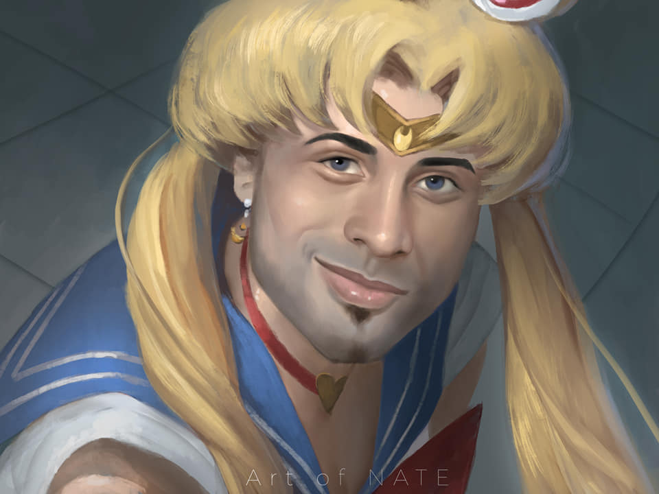 1boy, art_of_nate, bishoujo_senshi_sailor_moon, blonde_hair, blue_eyes, blue_sailor_collar, bow, bowtie, choker, closed_mouth, cosplay, crescent, crescent_earrings, crossdressinging, diadem, earrings, facial_hair, gachimuchi, goatee, hair_ornament, heart, heart_choker, jewelry, long_hair, looking_at_viewer, male_focus, parody, red_choker, red_neckwear, ricardo_milos, sailor_collar, sailor_moon, sailor_moon_(cosplay), sailor_moon_redraw_challenge, shirt, smile, smirk, smug, solo, twintails, white_shirt