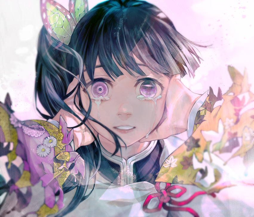 1girl, absurdres, asymmetrical_eyes, bangs, black_hair, bug, butterfly, butterfly_hair_ornament