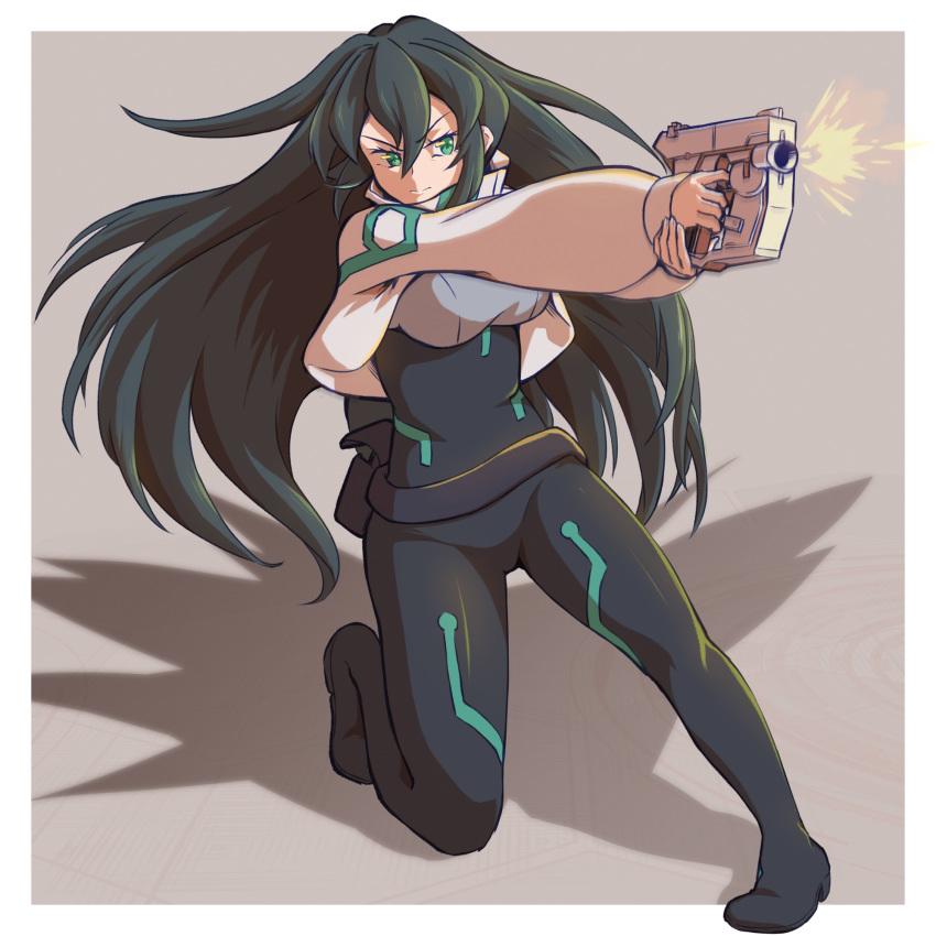 1girl, bangs, black_bodysuit, bodysuit, bodysuit_under_clothes, bureikubureido, firing, floating_hair