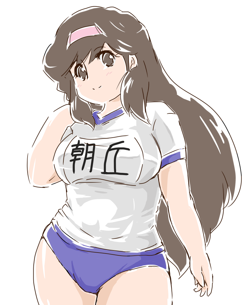 1girl, asaoka_natsumi, brown_eyes, brown_hair, gym_uniform, hairband, hand_in_hair, looking_at_viewer, looking_down, okuri_ookami, oldschool, pink_hairband, plump, sidelocks, solo, the_kabocha_wine