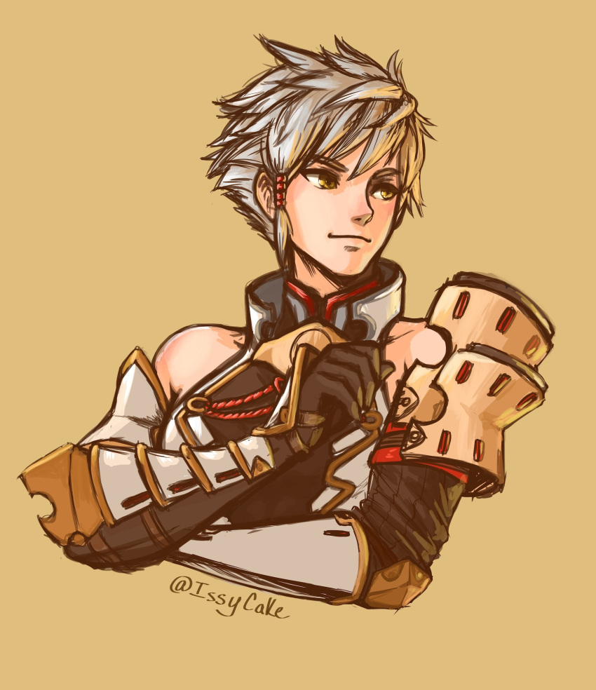 1boy, adel_orudou, armor, bare_shoulders, english_commentary, gloves, highres, issycake, looking_afar, male_focus, pauldrons, short_hair, silver_hair, simple_background, solo, tan_background, twitter_username, upper_body, xenoblade_(series), xenoblade_2, xenoblade_2:_ogon_no_kuri_ira, yellow_eyes