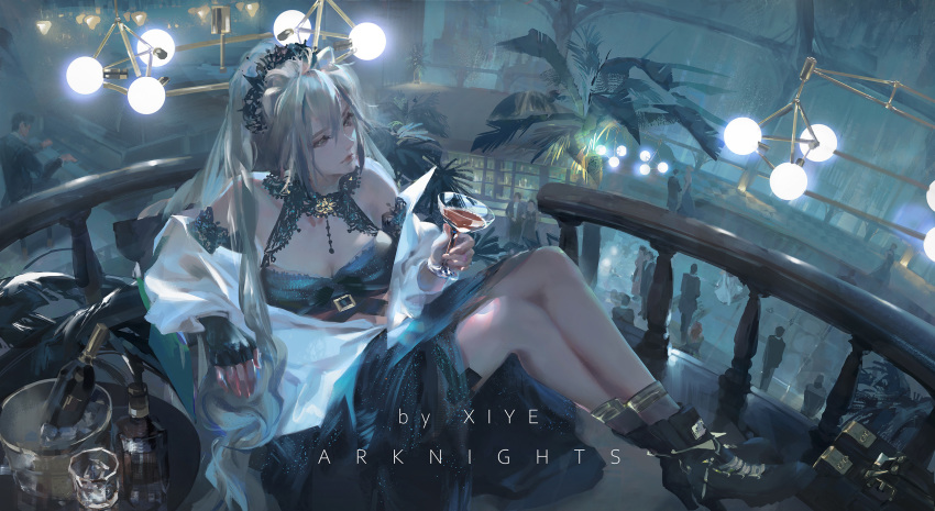 1girl, alcohol, arknights, closed_mouth, clothing_request, crowd, cup, drinking_glass