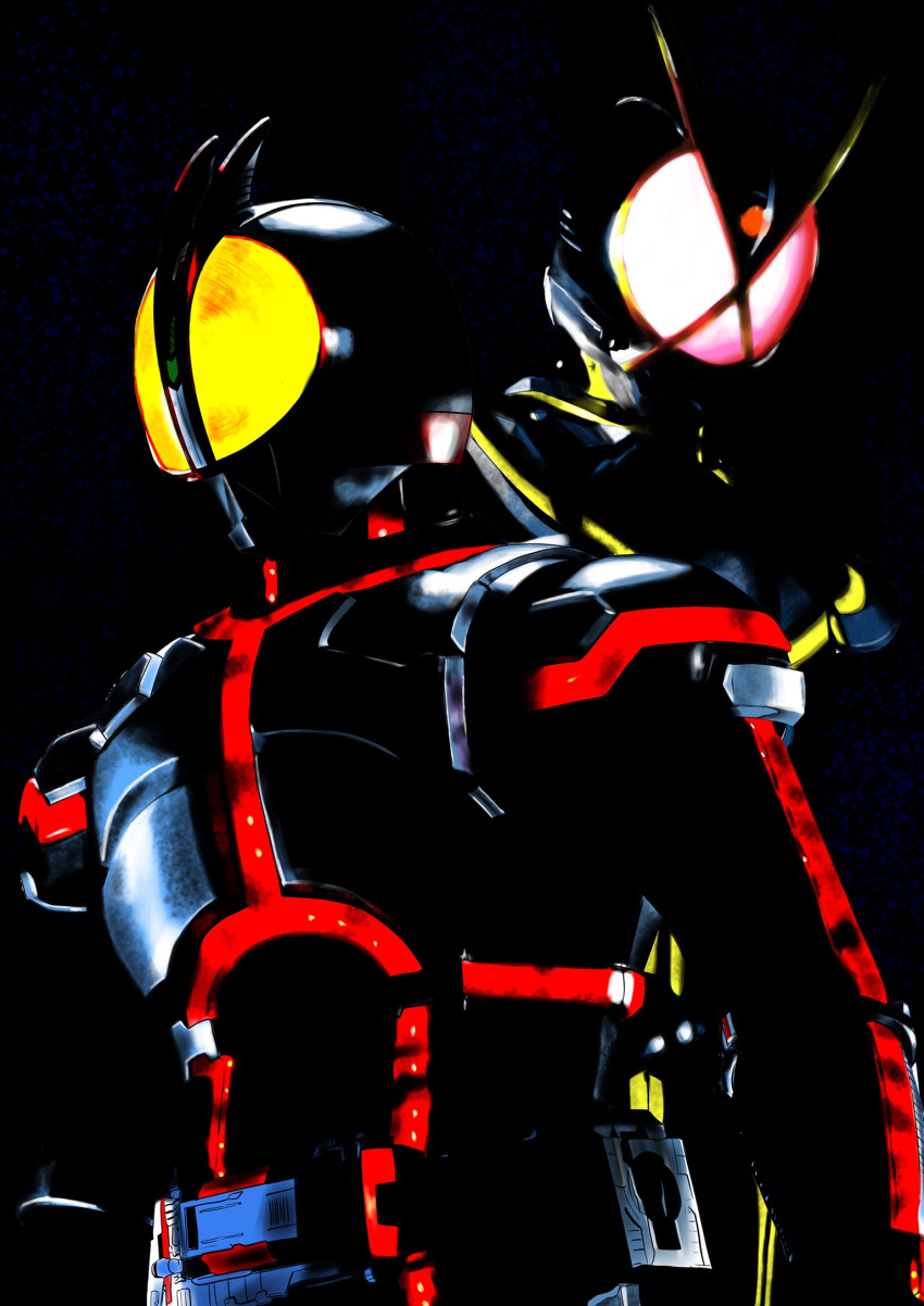 2boys, 4ze_meteor, antennae, dark, glowing, glowing_eyes, glowing_lines, highres