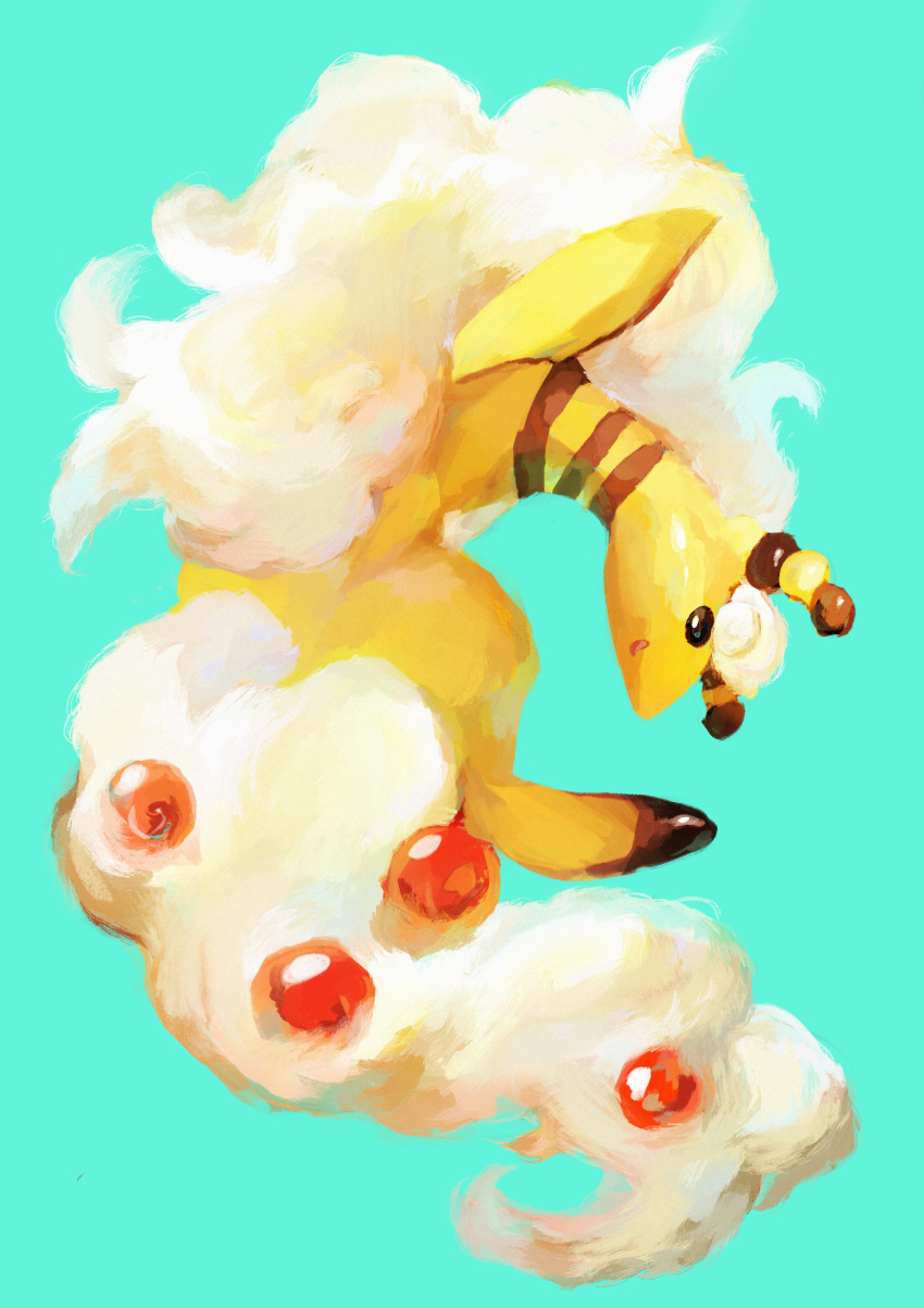 absurdres, ampharos, aomidori_iro, black_eyes, blue_background, commentary_request, creature, full_body, gen_2_pokemon, highres, jumping, looking_at_viewer, mega_ampharos, mega_pokemon, no_humans, pokemon, pokemon_(creature), simple_background, solo