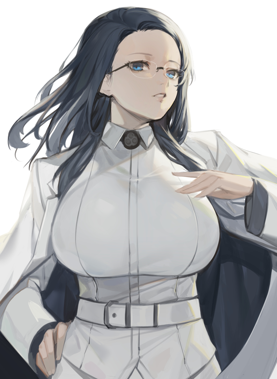 1girl, belt, black_hair, blue_eyes, breasts, formal, glasses, highres