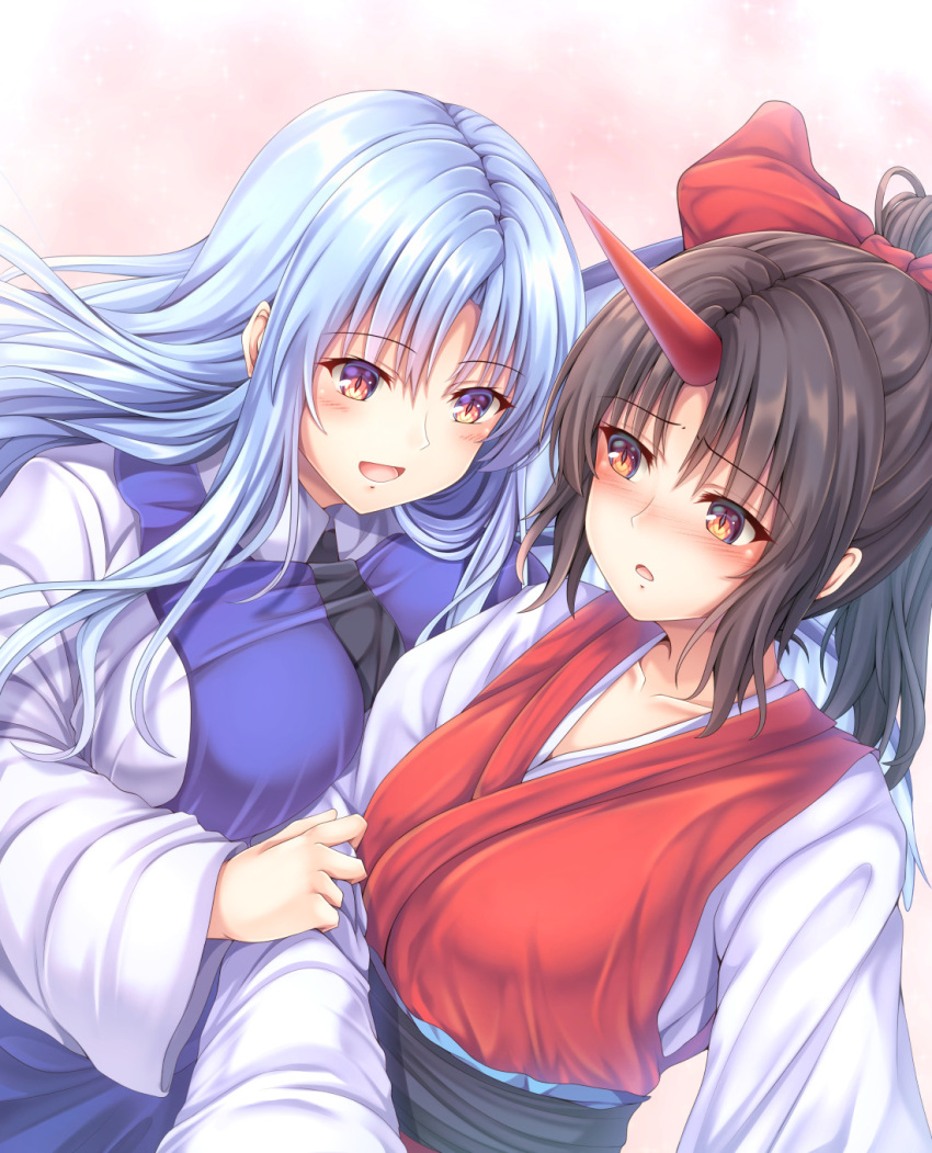 2girls, :o, bangs, black_hair, black_sash, blue_dress, blue_hair, blush, breast_press, breasts, collarbone, dress, eyebrows_visible_through_hair, hair_ribbon, highly_responsive_to_prayers, highres, holding_arm, horn, japanese_clothes, konngara, large_breasts, long_hair, long_sleeves, looking_at_another, medium_breasts, multiple_girls, open_mouth, ponytail, red_eyes, red_ribbon, ribbon, sariel, sash, smile, touhou, touhou_(pc-98), white_sleeves, wide_sleeves, yanagi_no_ki