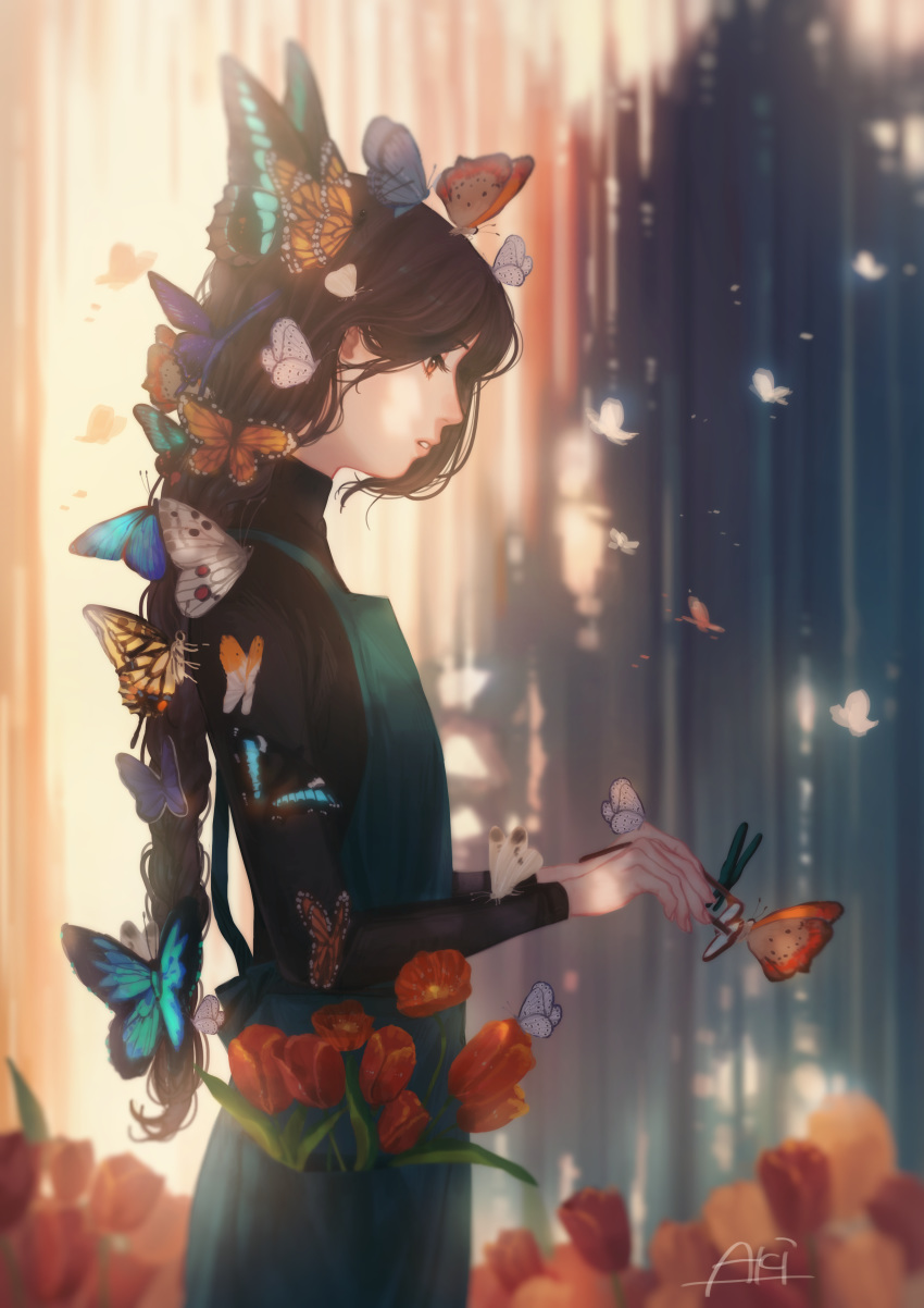 1girl, absurdres, aki_a0623, androgynous, apron, black_hair, black_sweater, blue_butterfly
