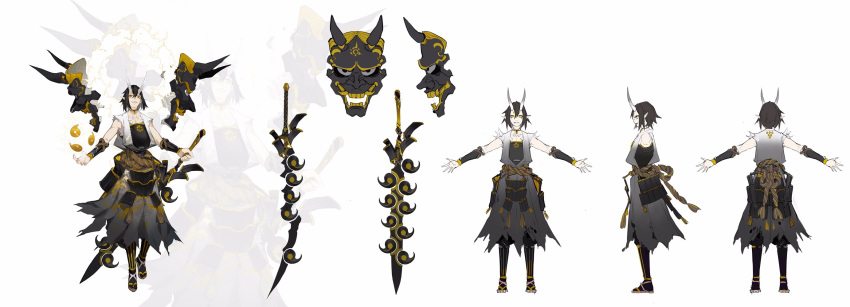 1boy, armor, belt, black_hair, character_sheet, fingernails, floating, floating_object