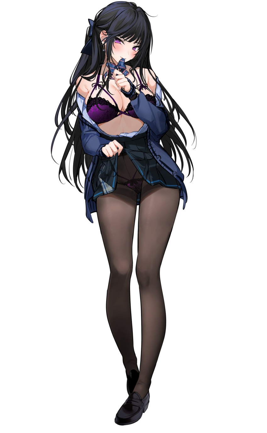 1girl, bangs, bare_shoulders, black_footwear, black_hair, black_legwear, blue_bow, blue_shirt