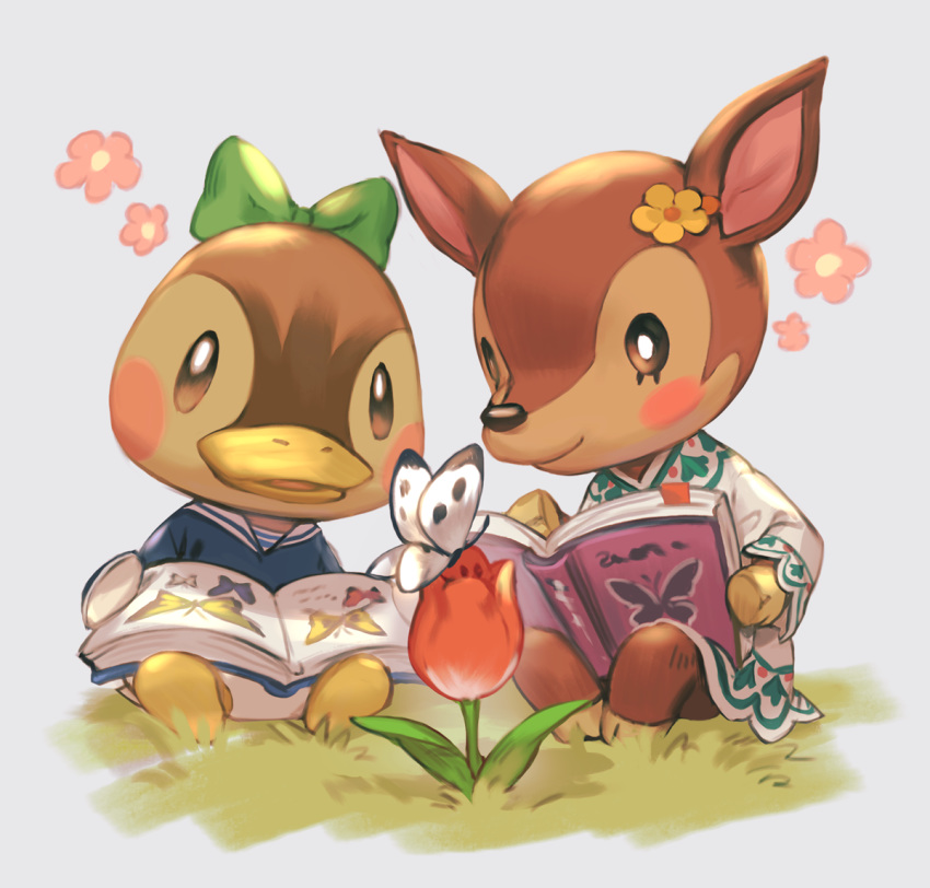 2girls, animal_ears, bird, blush, book, bow, brown_eyes, bug