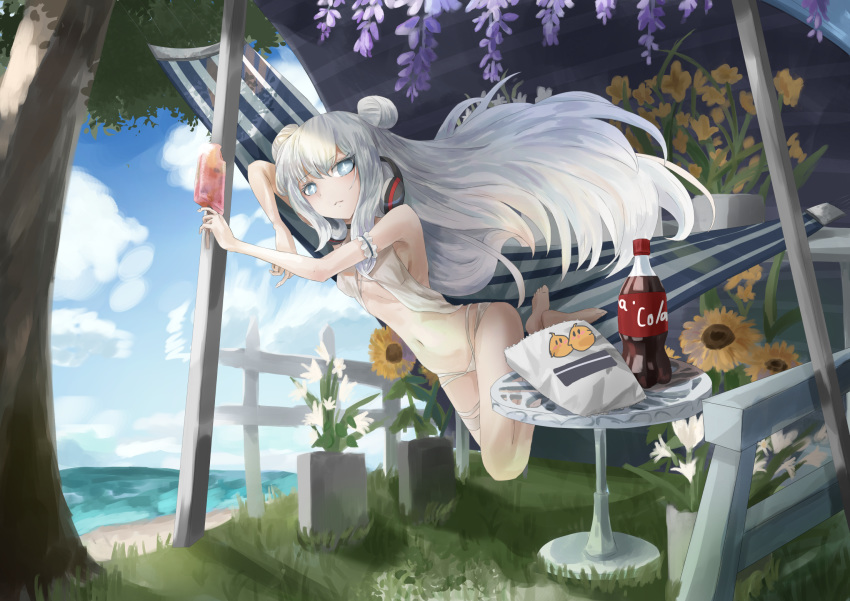 +_+, 1girl, azur_lane, bangs, bare_shoulders, barefoot, beach, bikini