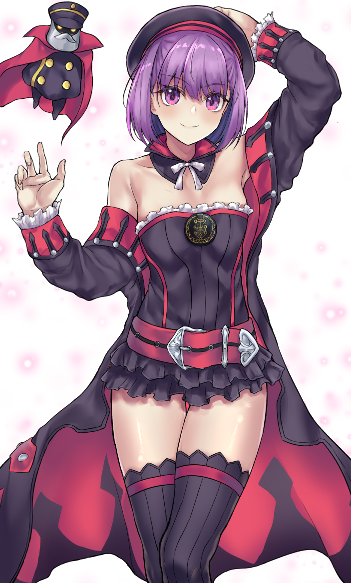 1girl, bangs, bare_shoulders, black_coat, black_headwear, blush, breasts, closed_mouth, coat, colonel_olcott_(fate/grand_order), detached_collar, doll, dress, fate/grand_order, fate_(series), hat, helena_blavatsky_(fate/grand_order), kougetu009, long_sleeves, looking_at_viewer, open_clothes, open_coat, purple_hair, short_hair, small_breasts, smile, strapless, strapless_dress, thigh-highs, violet_eyes, white_sleeves