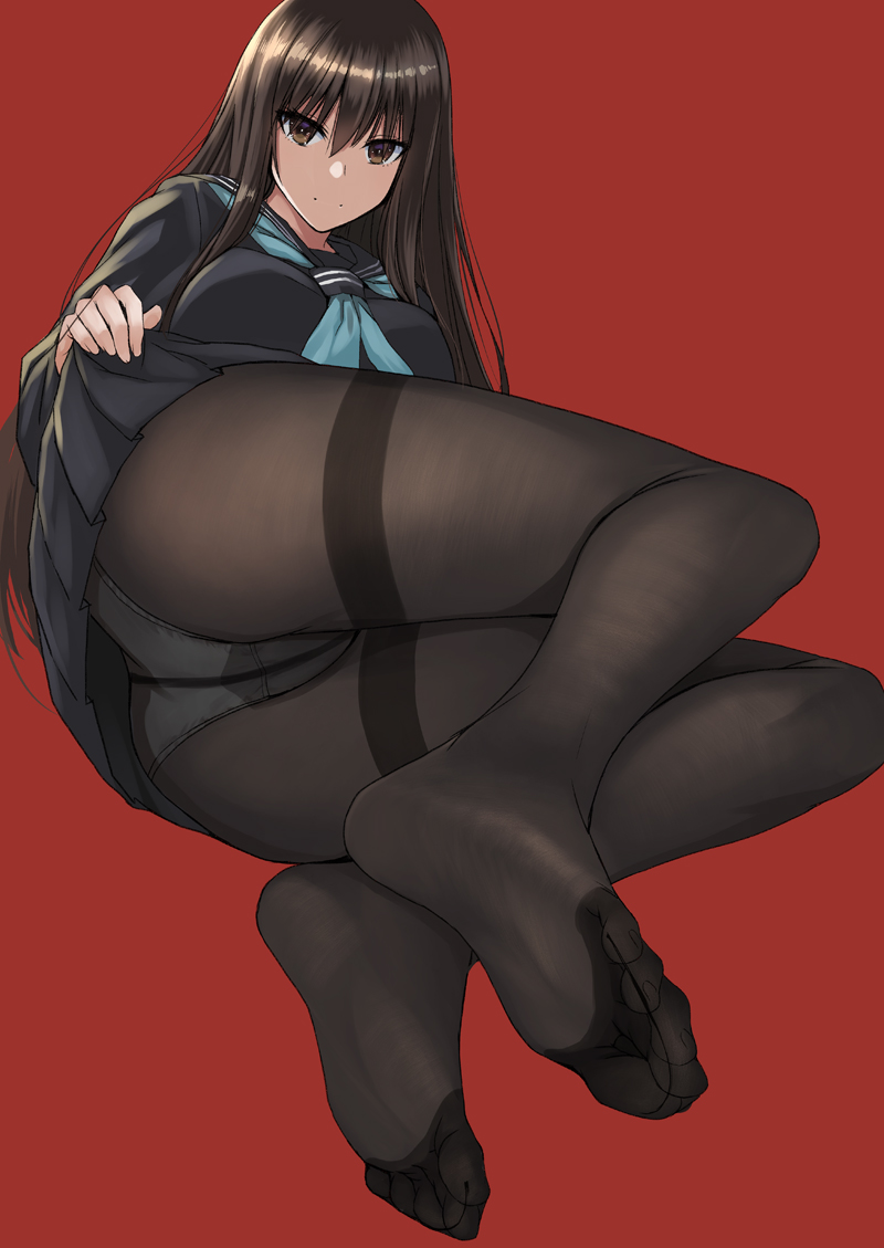 1girl, ass, black_legwear, black_sailor_collar, black_serafuku, black_shirt, black_skirt, blue_neckwear