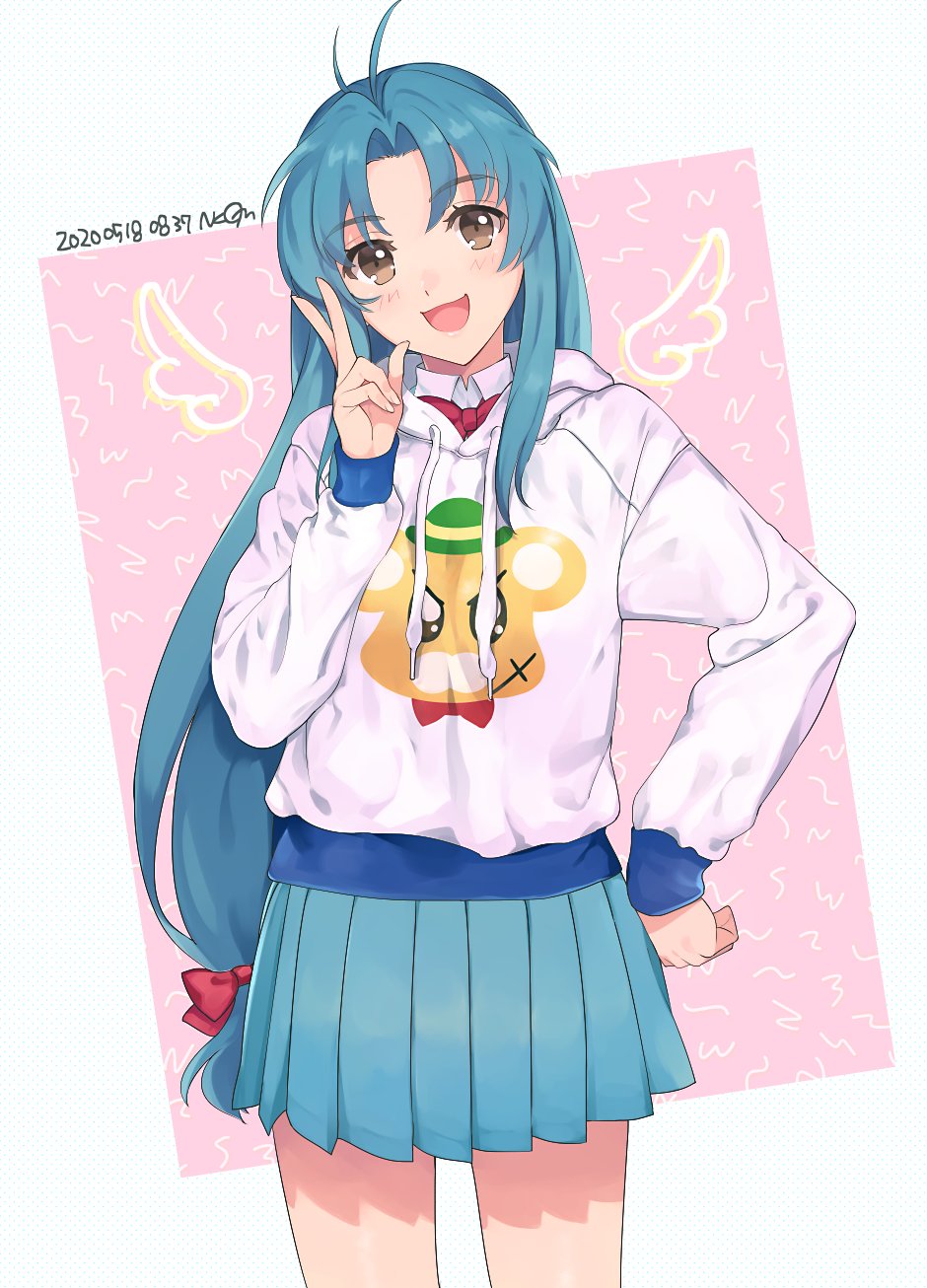 1girl, artist_name, blue_hair, blue_skirt, bonta-kun, brown_eyes, chidori_kaname, cowboy_shot, dated, full_metal_panic!, highres, hood, hooded_sweater, hoodie, jindai_high_school_uniform, long_hair, looking_at_viewer, low-tied_long_hair, nakagomiyuki415, pleated_skirt, school_uniform, skirt, smile, solo, sweater, white_background, white_sweater, wings