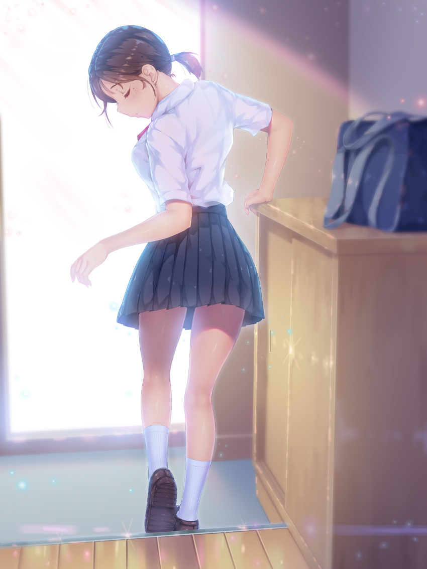 1girl, a.x., absurdres, bag, bangs, black_skirt, brown_hair, cabinet